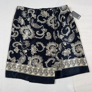 Ellavie Women Navy Blue Cream Paisley Floral 100% Silk Wrap Mini Skirt 8 NWT